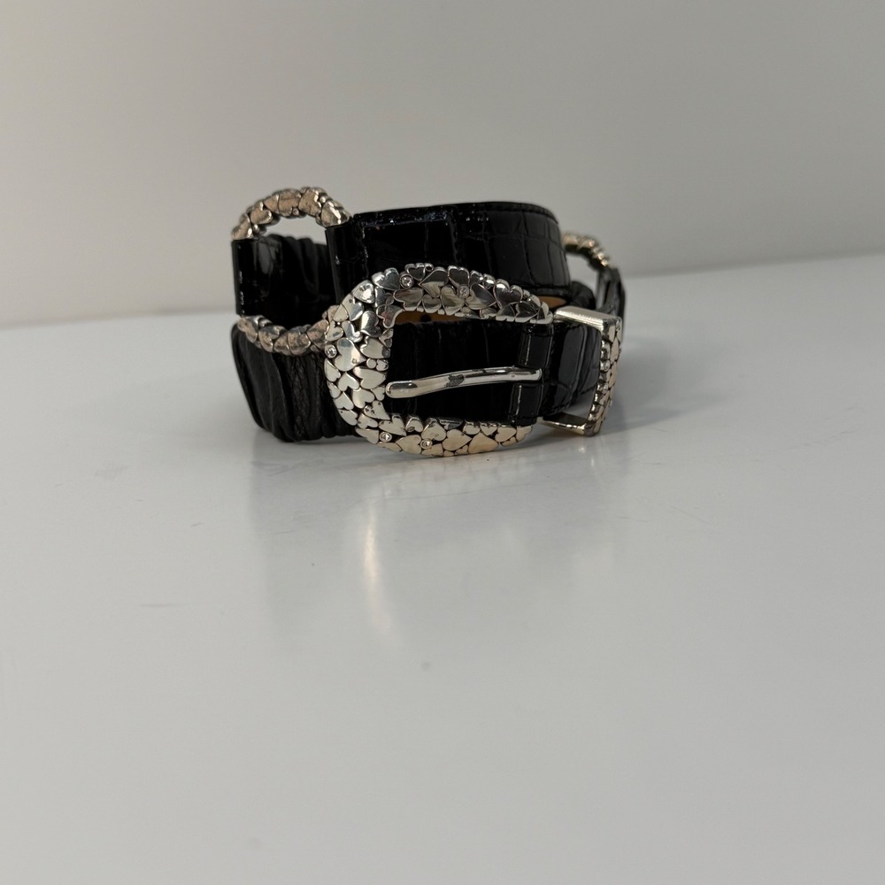 Vintage Brighton Black Patent Croc Leather Heart Buckle Belt Crystal Accents 32 - Picture 3 of 6